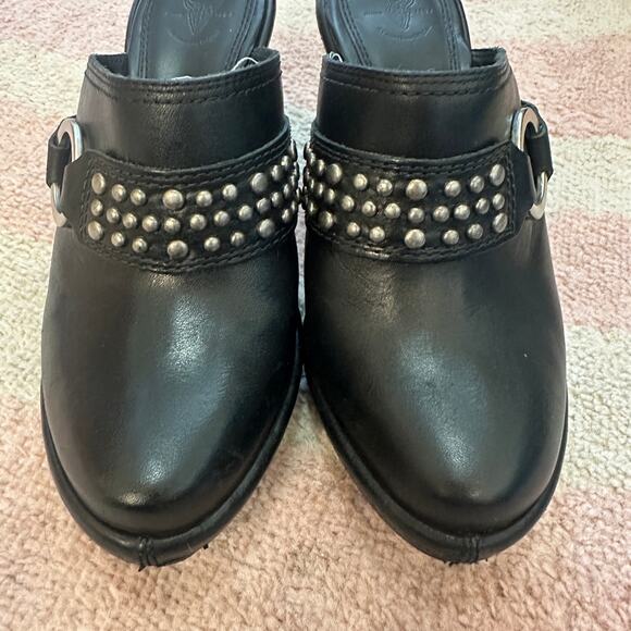 Frye Shelby Black Studded Ring‎ Mule Clogs Heeled Slip-On Leather Western Boho - Picture 2 of 9
